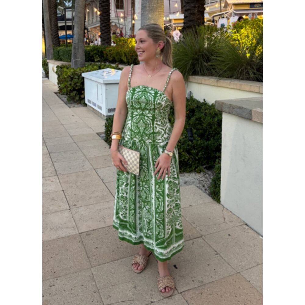 FARM RIO Delicate Tapestry Green Linen Midi Dress Size Small NEW - Picture 2 of 13